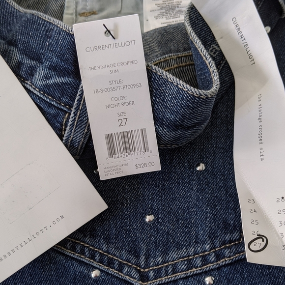 Current/Elliott Vintage Cropped Slim Jeans High Rise Studded Dark Blue 27 NWT - Picture 8 of 8